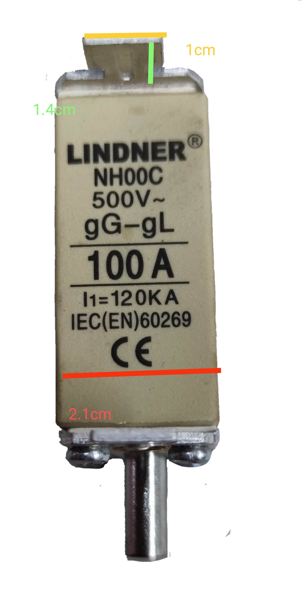 Lindner 100A NH00C ceramic fuse beige rectangular body with metal end caps and 500V gG gL markings