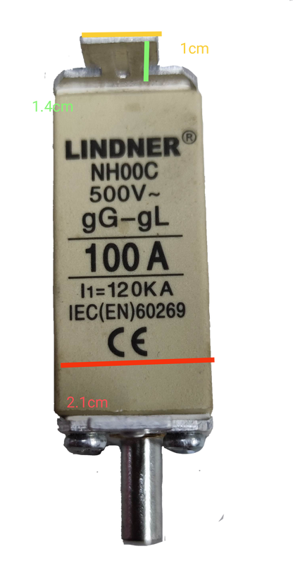 Lindner 100A NH00C ceramic fuse beige rectangular body with metal end caps and 500V gG gL markings