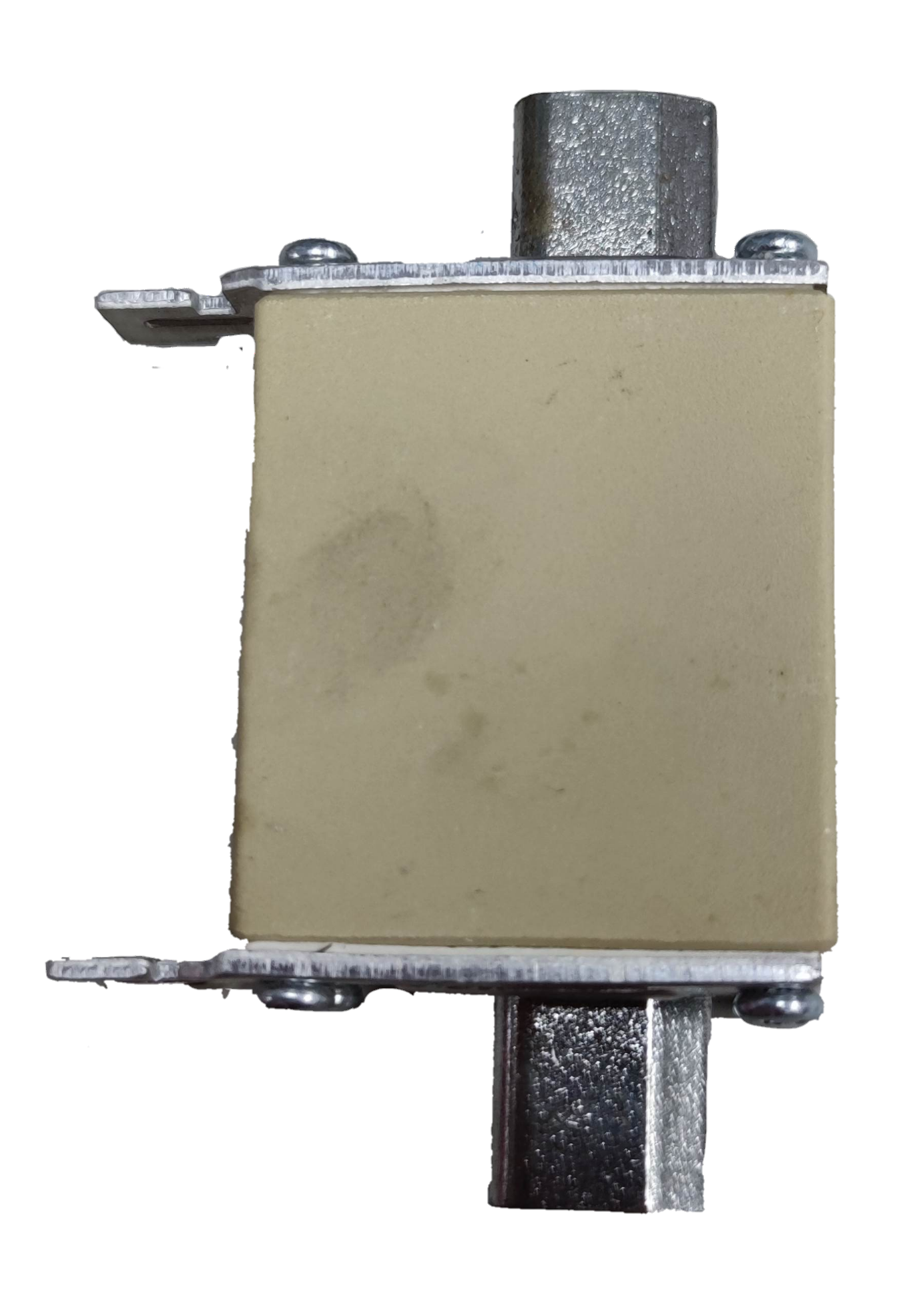 Lindner 100A NH00C ceramic fuse beige rectangular body with metal end caps and DIN rail mounting clips