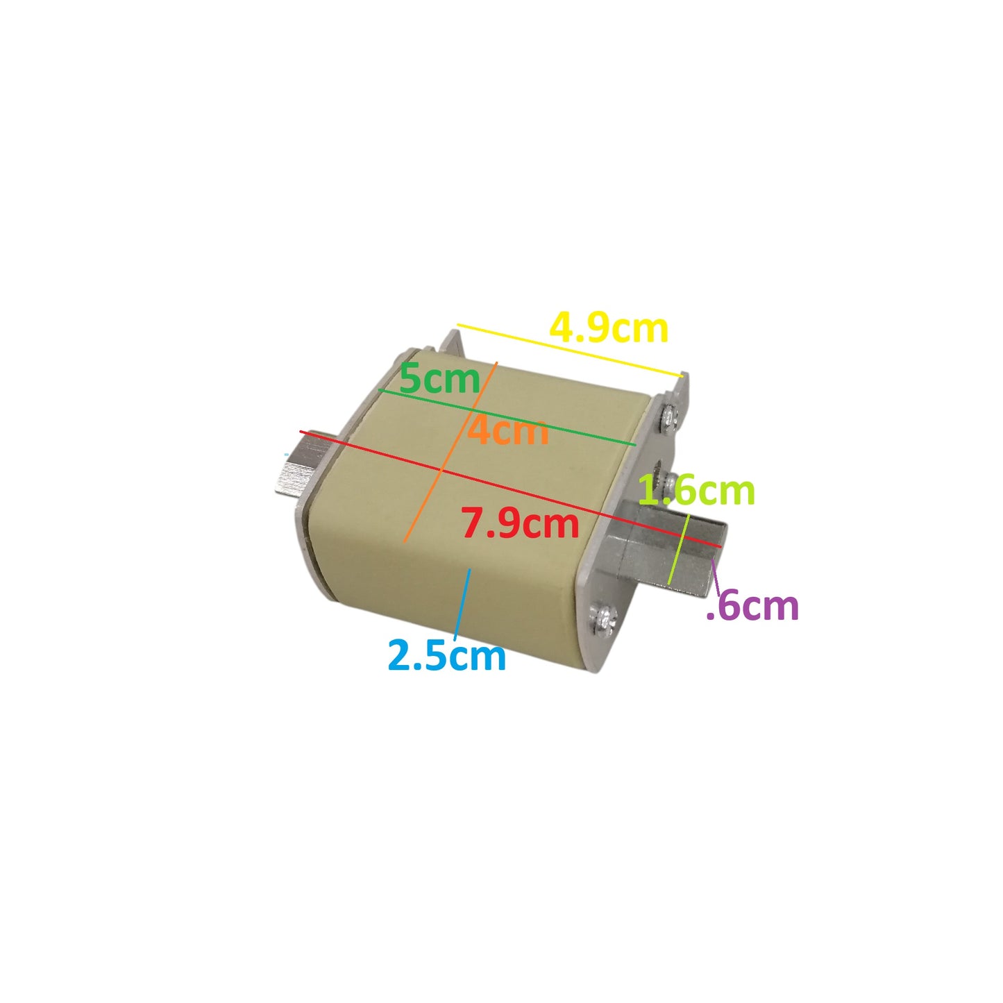 Lindner 160A NH00 fuse beige rectangular body with metal end caps and labeled dimensions
