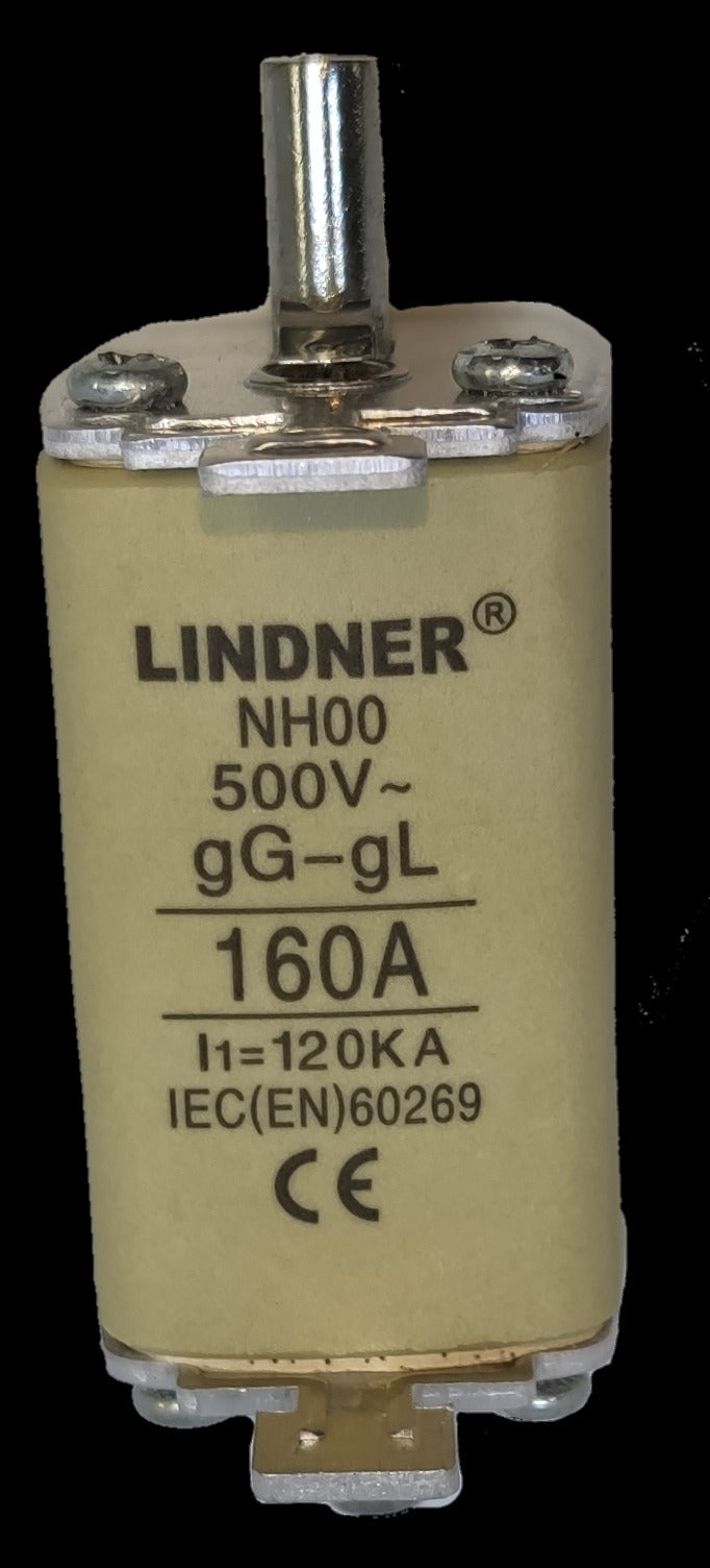 Lindner 160A NH00 fuse beige cylindrical cartridge fuse 500V gG gL with metal end caps and top connector