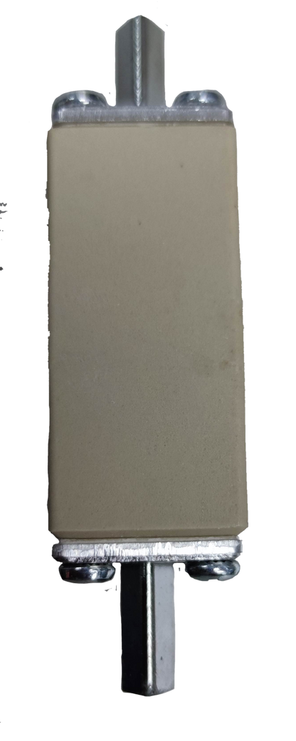 Lindner gG-gL ceramic fuse 500V rectangular beige ceramic body with metal end caps and blade terminals on black background