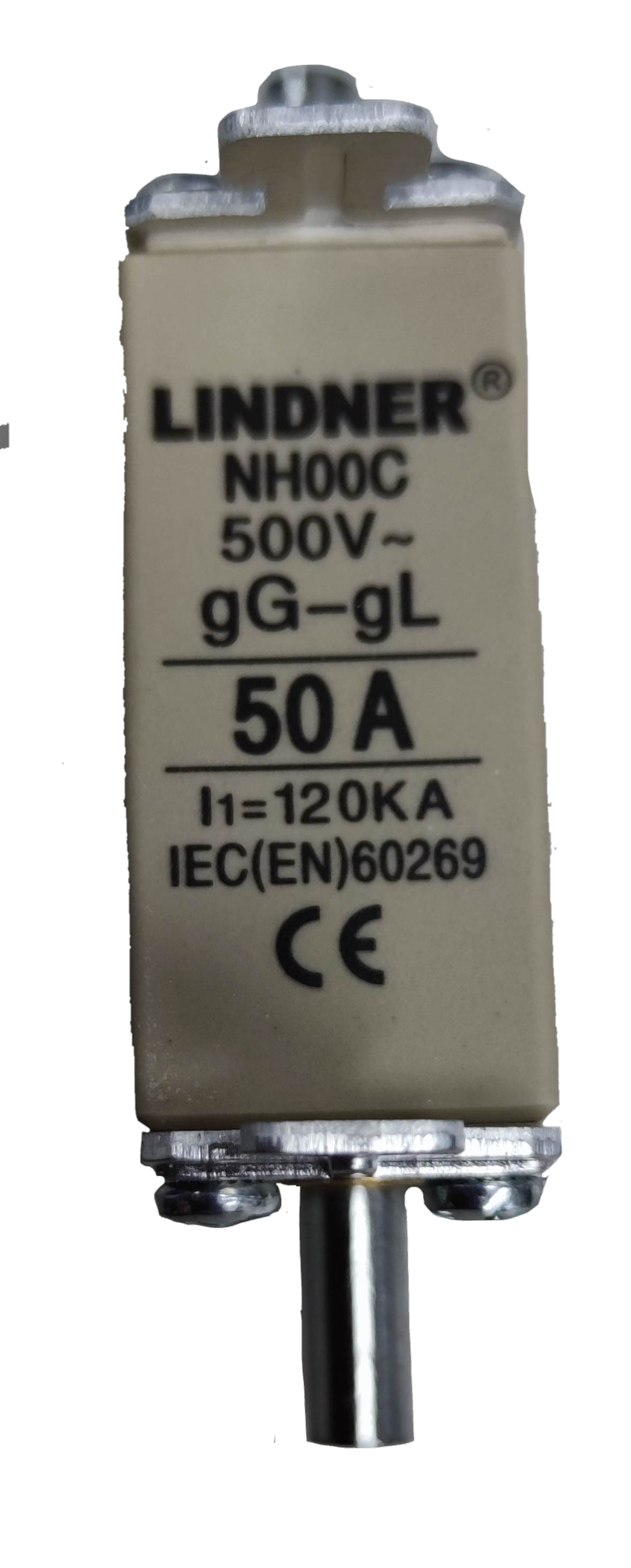 Lindner gG-gL ceramic fuse 500V. NH00C 50A porcelain body fuse with metal end caps