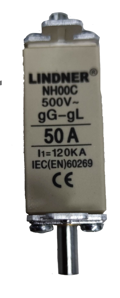 Lindner gG-gL ceramic fuse 500V. NH00C 50A porcelain body fuse with metal end caps