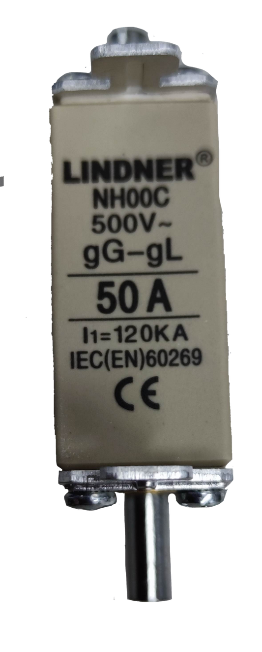 Lindner gG-gL ceramic fuse 500V. NH00C 50A porcelain body fuse with metal end caps