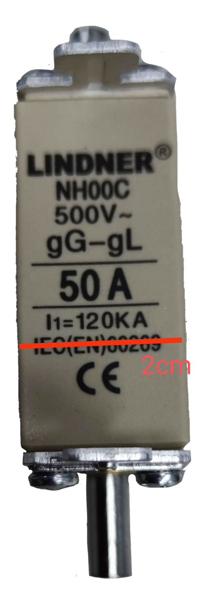 Lindner gG-gL ceramic fuse 500V NH00C 50A cartridge with white ceramic body and metal end caps