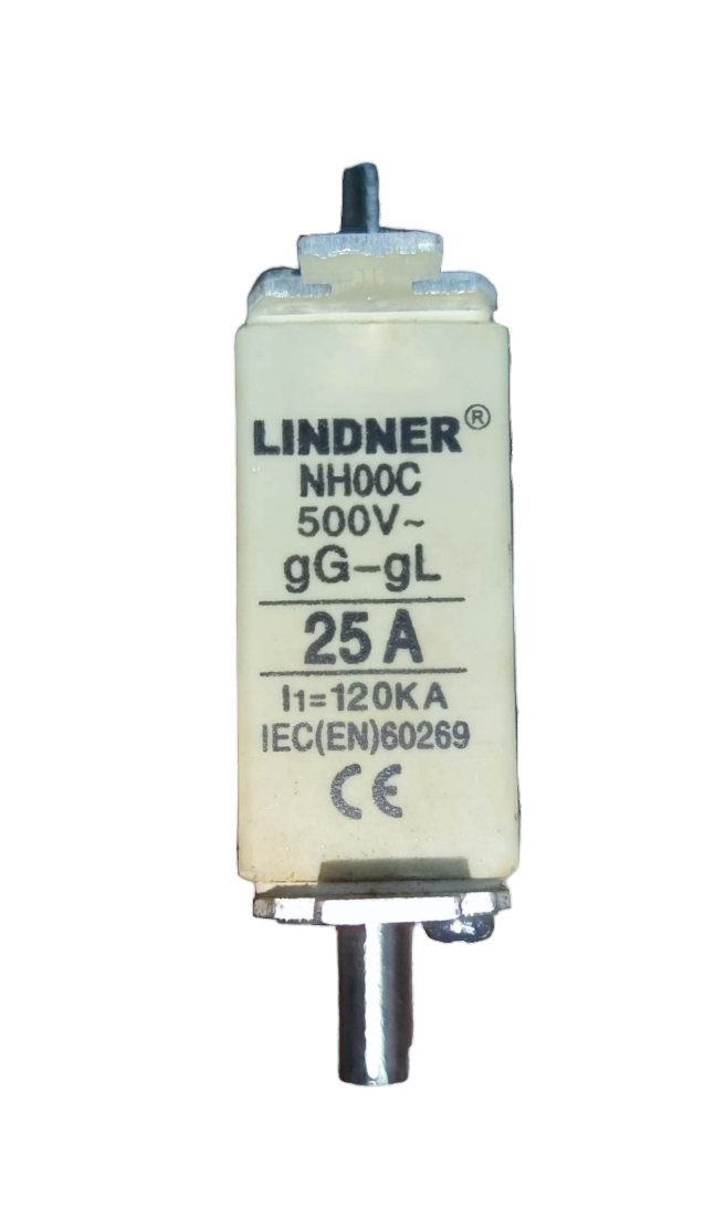 Lindner NH-Type Fuse Link 25A electrical component with 500V rating and IEC certification