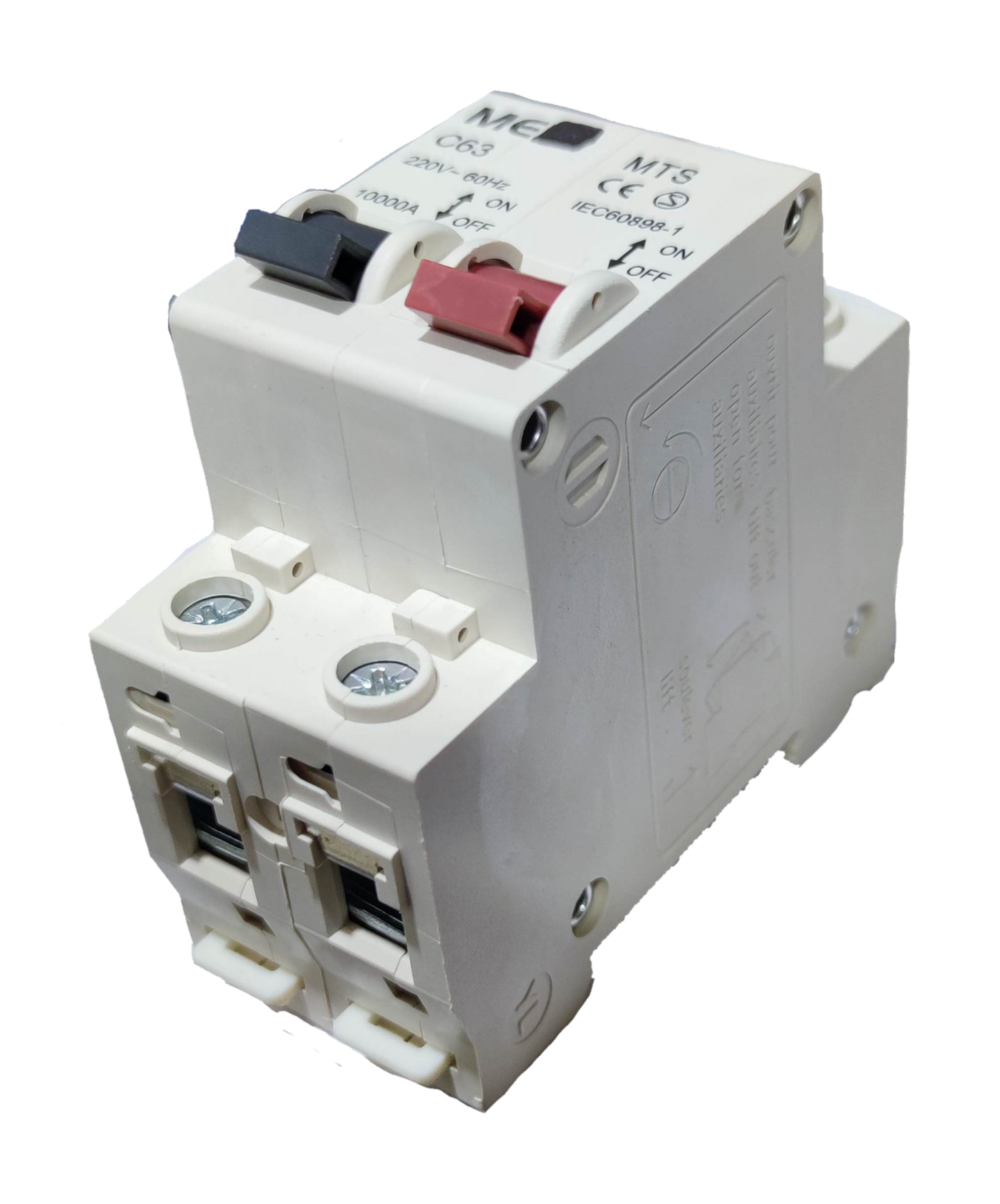 Grippes white electrical circuit breaker module with red and gray toggles and screw terminals 1 pole MTS 32A for industrial use.