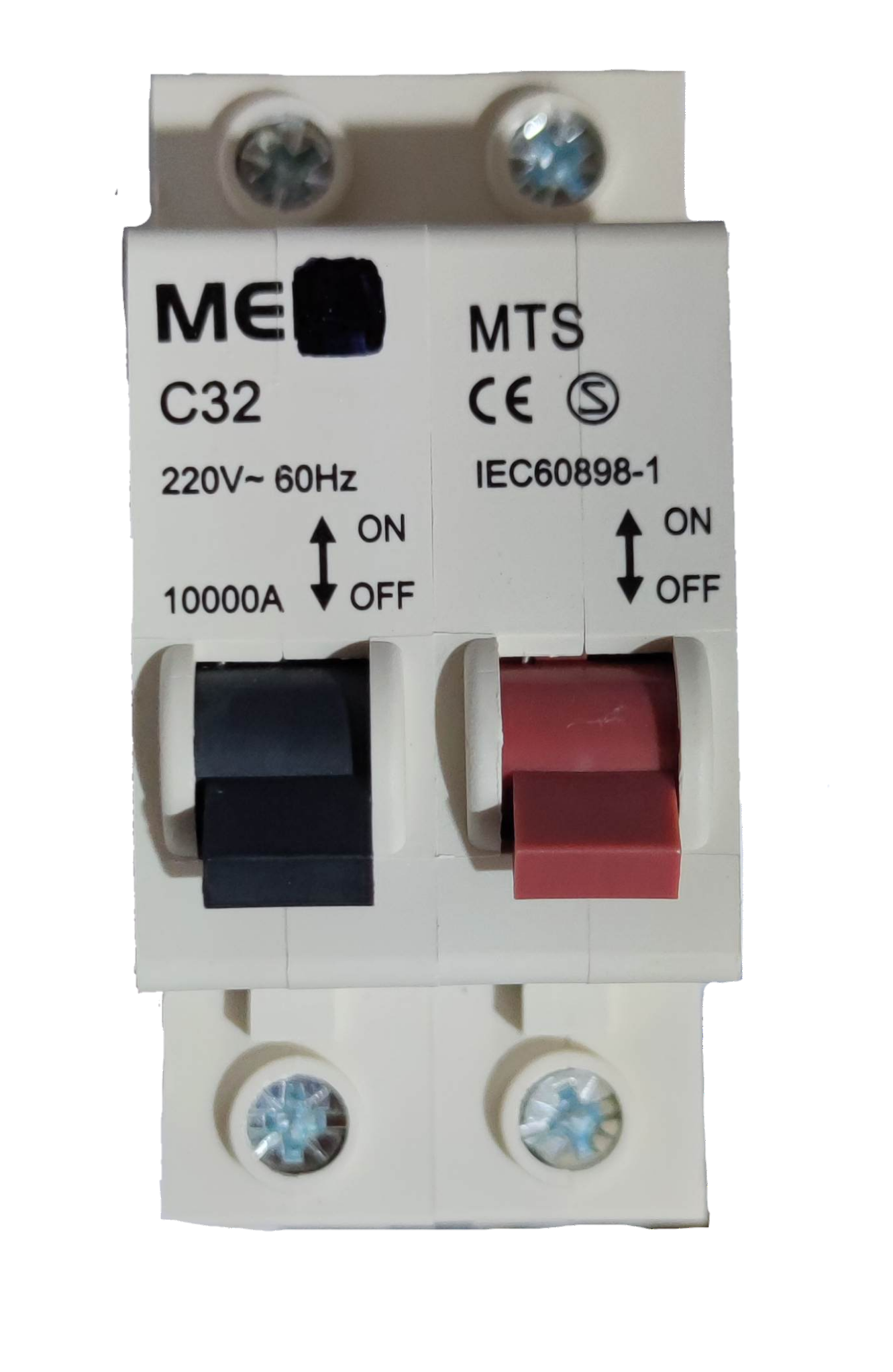 Grippes white circuit breaker with black and red switches labeled C32 MTS 220V 1 pole MTS 32A for industrial use.