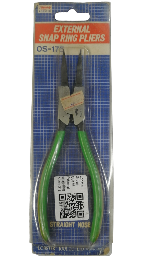 Lobster 175mm External Snap Ring Pliers with straight nose and green rubber grips for easy handling