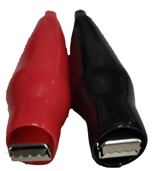 Local battery clip pairs for testing in red and black colors for electrical circuits