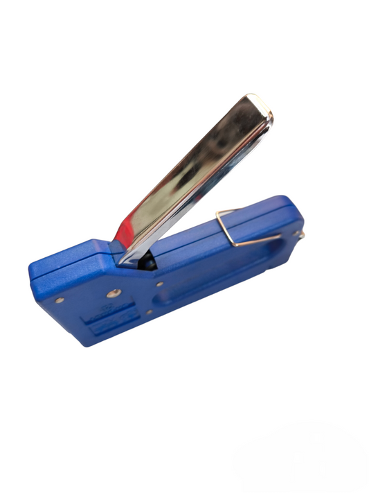 Blue staple gun with silver metal handle designed for heavy-duty stapling tasks