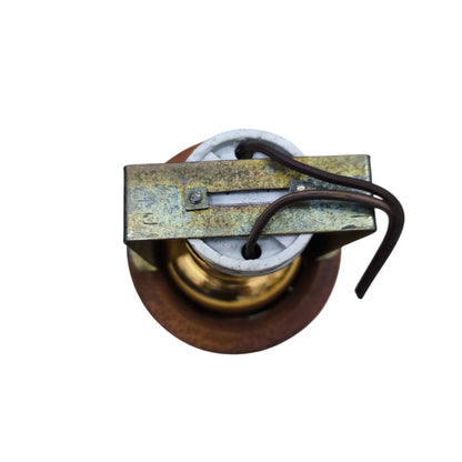 Local 3.5 inch wooden downlight fixture top view showing brass housing wooden trim mounting bracket and brown wires