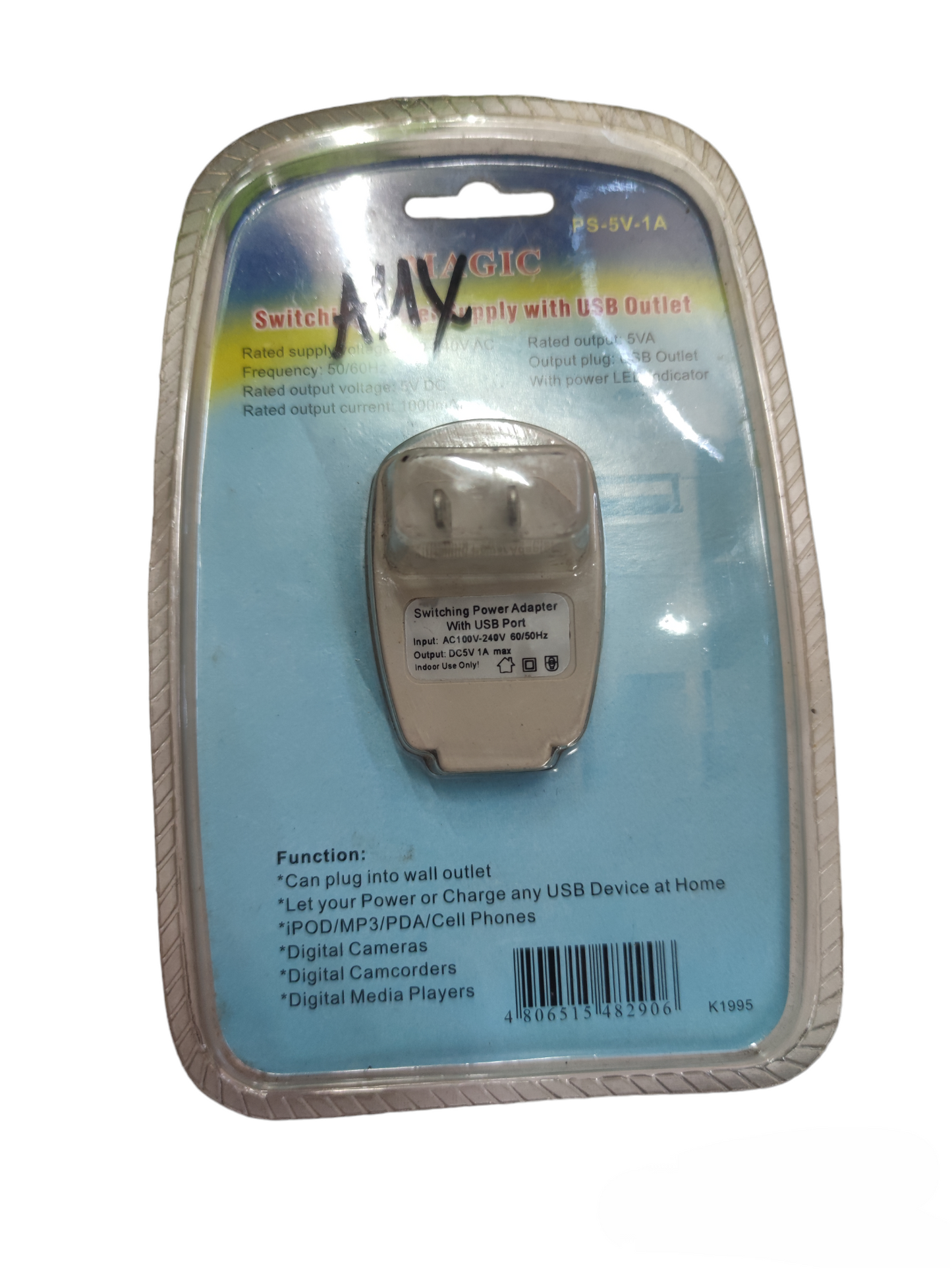 Magic 5V 1A USB power supply adapter in clear packaging for charging USB devices