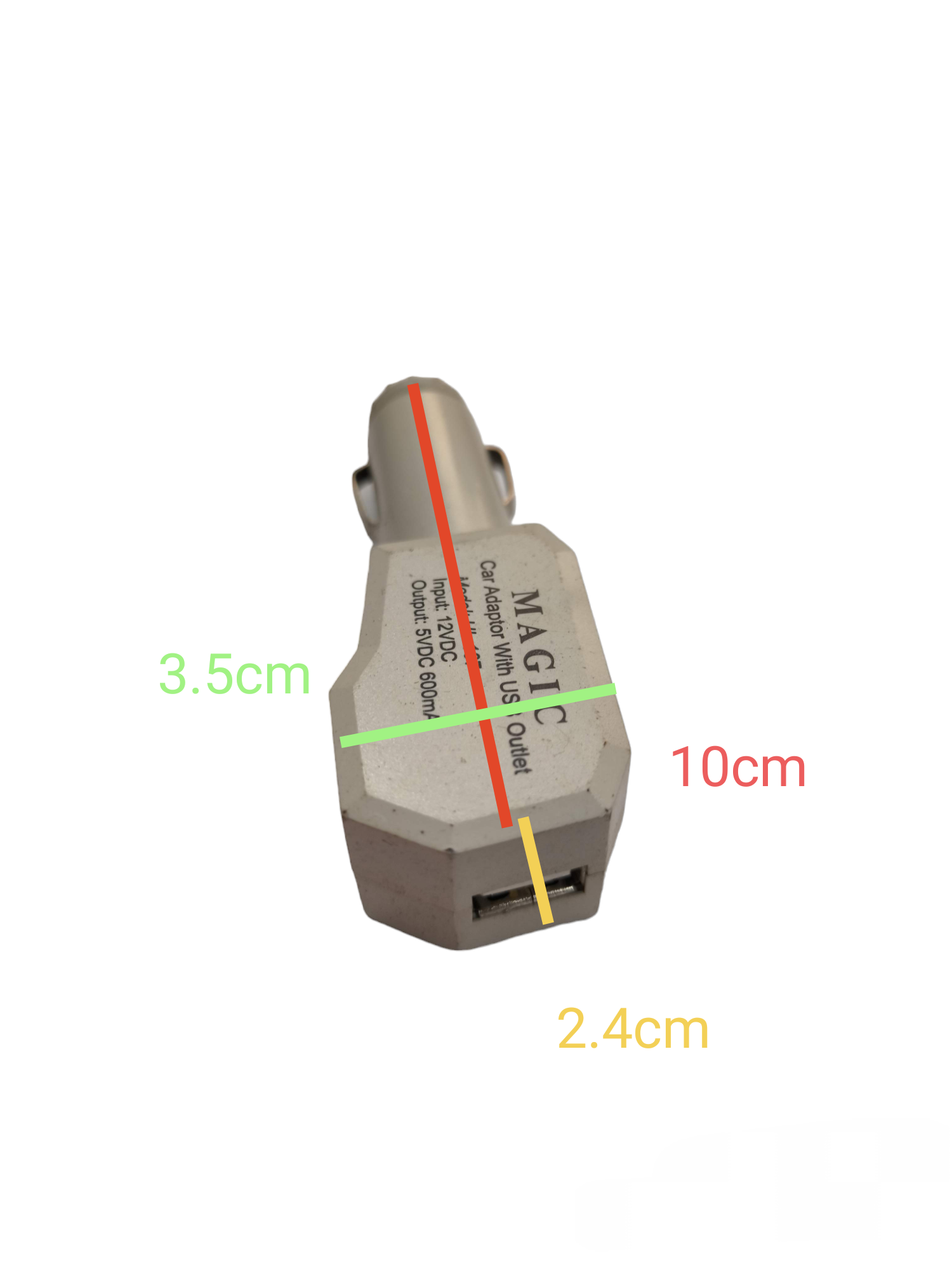 Magic car adaptor USB 600Ma white dual USB port car charger measuring 10cm by 3.5cm