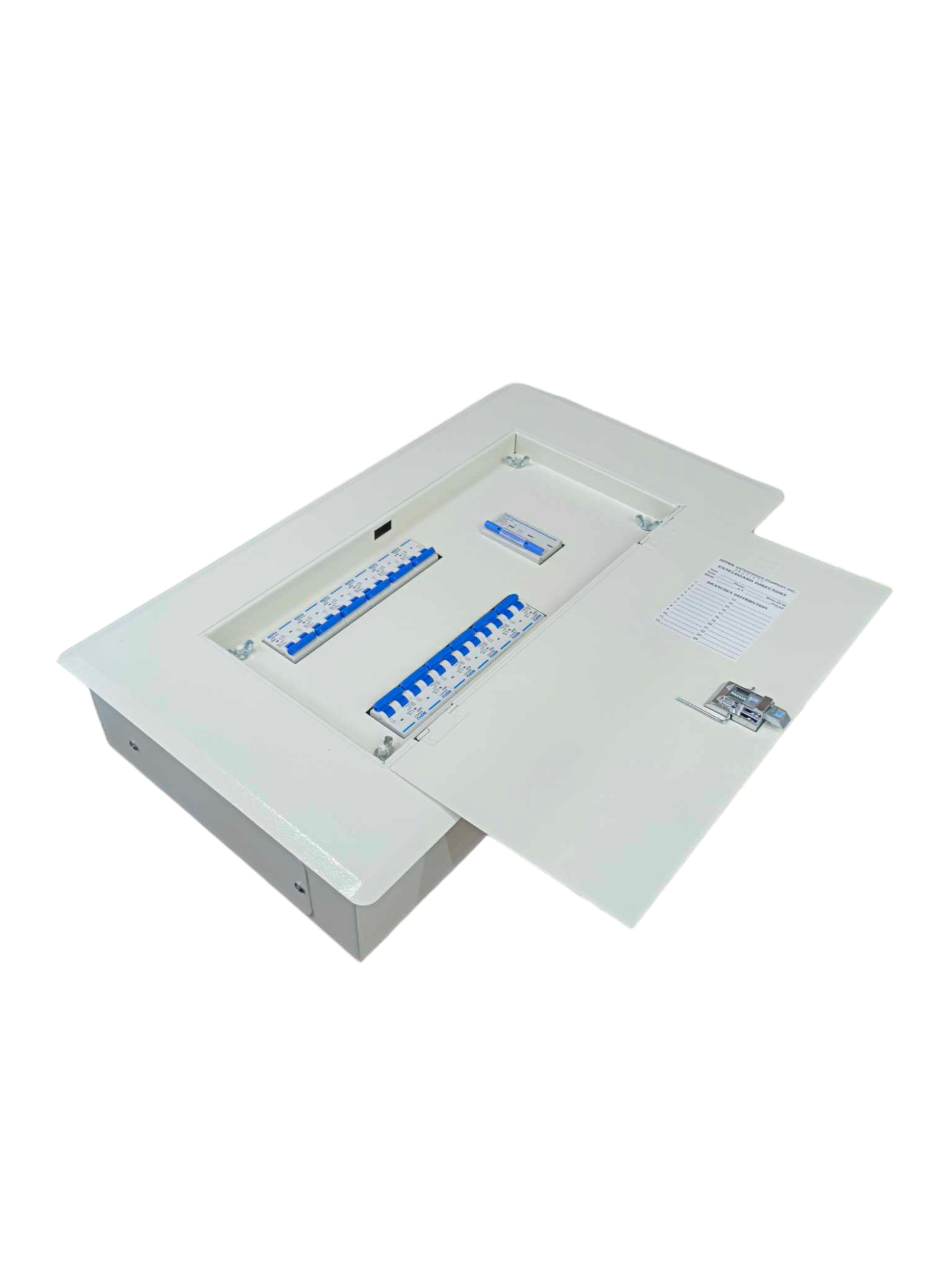 Chint 3 pole main breaker electrical panel with white metal enclosure and blue circuit breakers