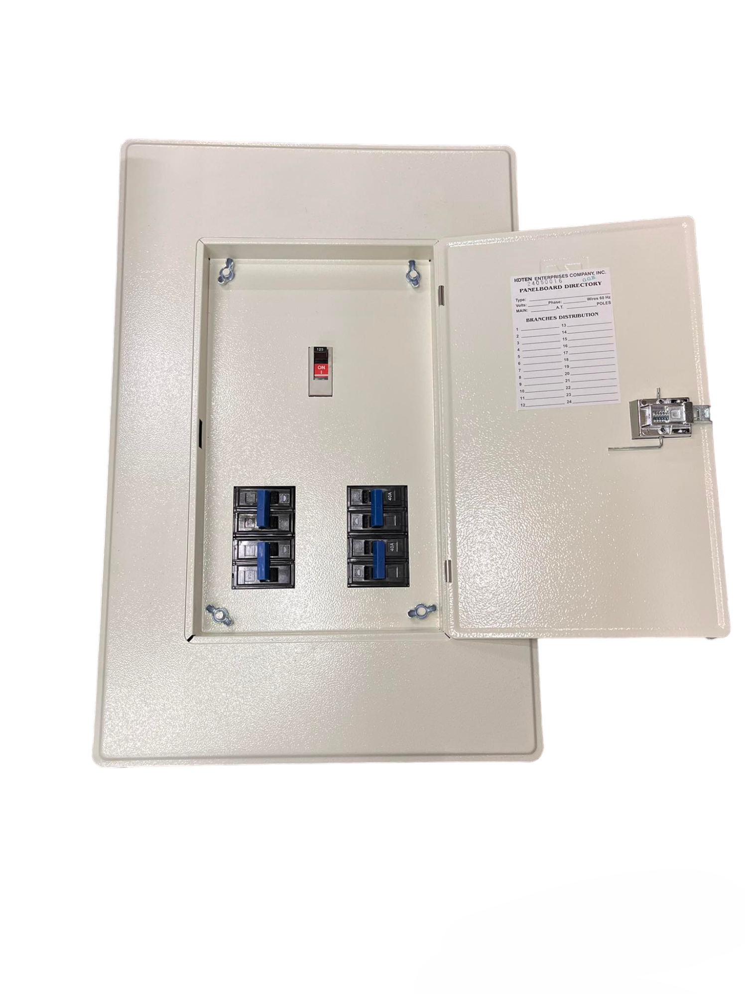 Koten & Taiyou 250SPS 2 pole main panel board with a hinged door and circuit breakers