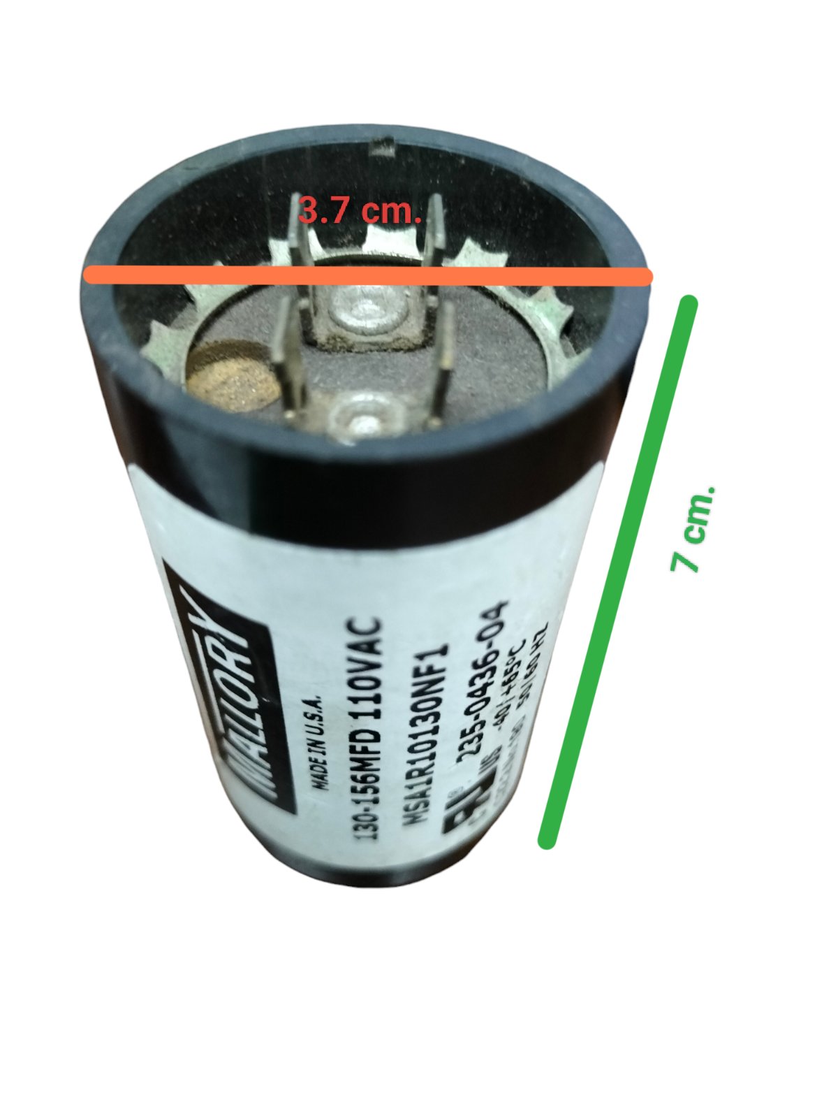 BMI 130-156 uf 110V AC start capacitor with two metal terminals for electrical applications.