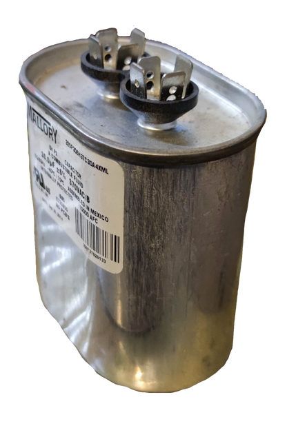 Mallory 30uF 370V AC capacitor with a metallic casing and dual terminals for electrical applications