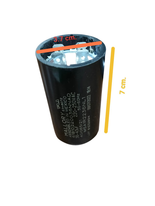 Mallory 36-43UF 220-250VAC motor capacitor in black, 7 cm tall with 3.7 cm diameter