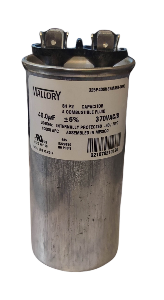 Mallory 40uF 370VAC capacitor for electrical applications with robust design and durable casing