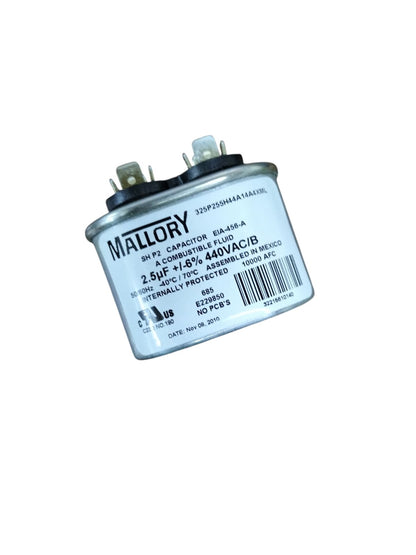 Mallory 440V running capacitor with dual terminals and a capacitance of 2.5 µF for motor applications