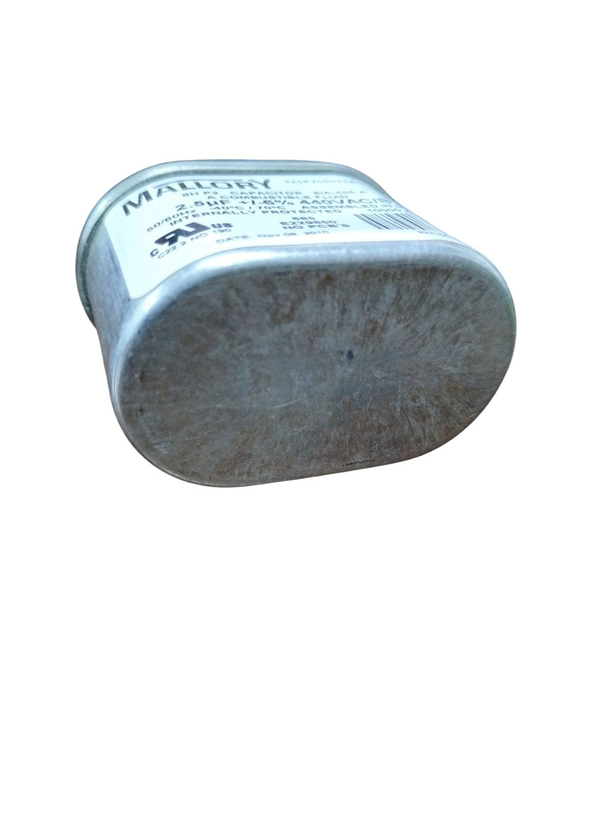 Mallory 440V running capacitor with a sturdy metal casing for reliable electrical performance.