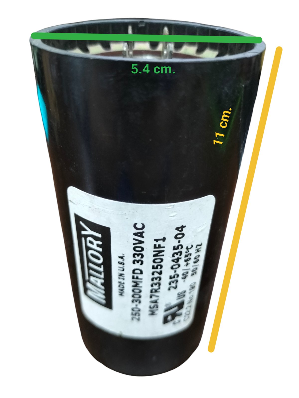 Black Mallory Capacitor 250-300 MFD 330 VAC with cylindrical shape and label
