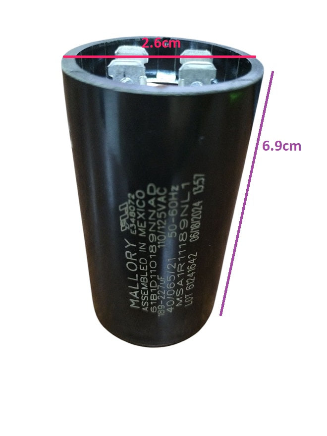 Mallory Electric Motor Start Capacitor black cylindrical shape with electrical terminals and printed specifications