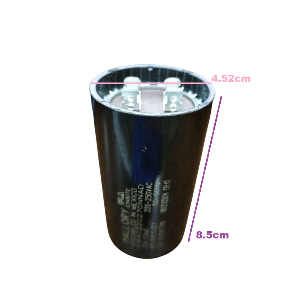 Mallory Motor Capacitor 270-324uF 220V with dimensions of 4.52cm x 8.5cm for electrical applications
