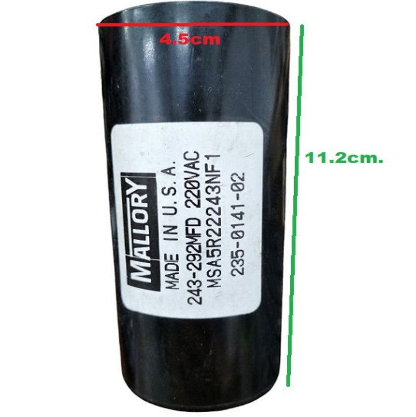 Mallory Motor Start Capacitor 243-292 MFD in black cylindrical casing with voltage and model details