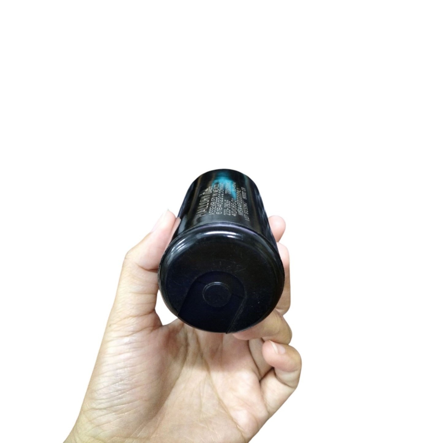 Mallory motor starting capacitor 233-280MFD held in hand, showcasing its cylindrical design and specifications