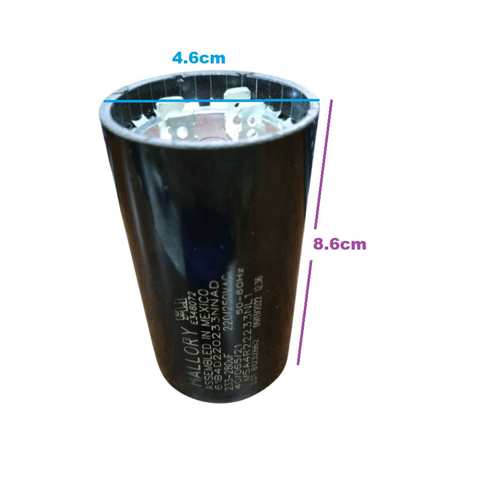 Mallory motor starting capacitor 233-280MFD in a cylindrical shape, measuring 4.6 cm by 8.6 cm