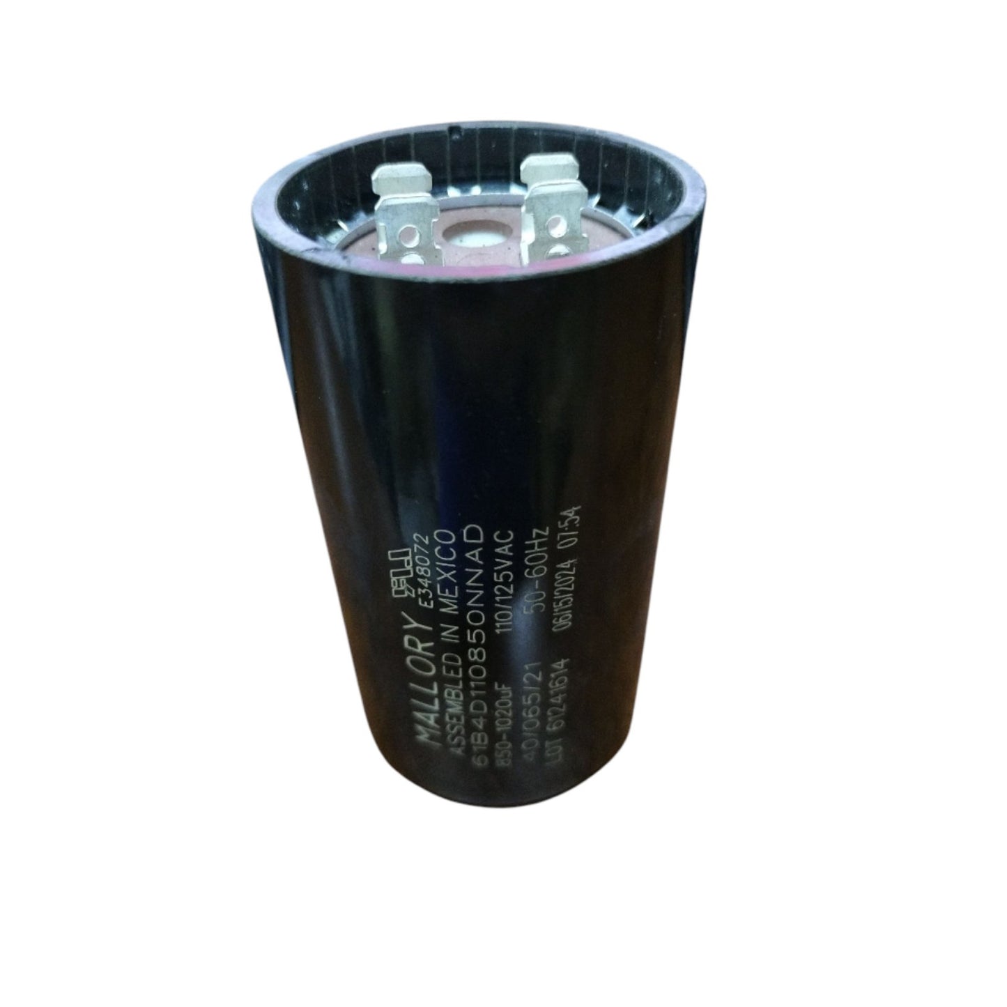 Mallory motor starting capacitor 850-1020UF 125V in black with metal terminals for efficient motor performance
