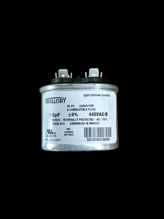 Mallory oil-filled running capacitor 440V AC with 1.5µF rating for reliable motor performance