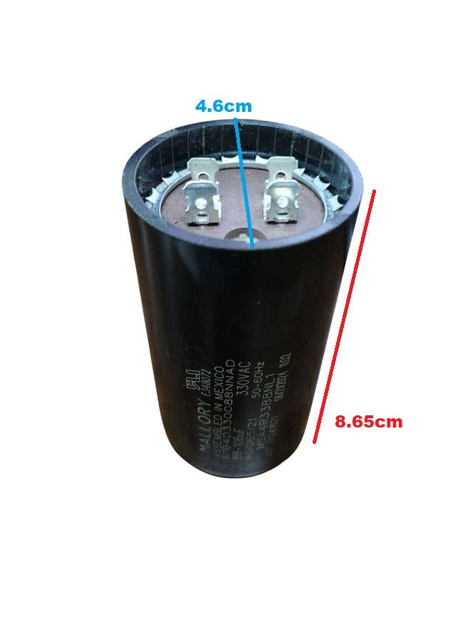 Mallory Starting Capacitor 88 to 106UF 330V with dimensions of 4.6cm diameter and 8.65cm height