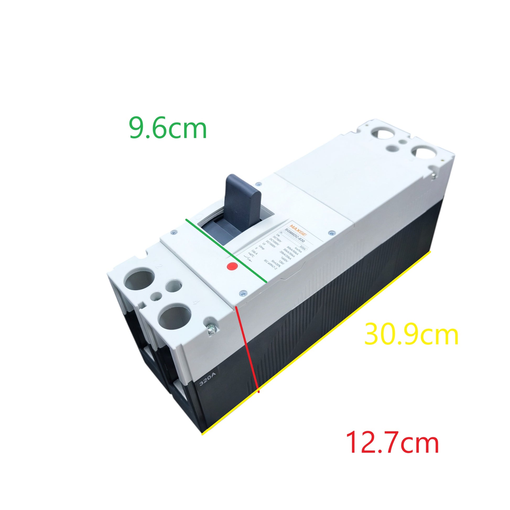 Maxge 250A 2Pole Industrial Circuit Breaker with dimensions 30.9cm by 12.7cm by 9.6cm in white and black