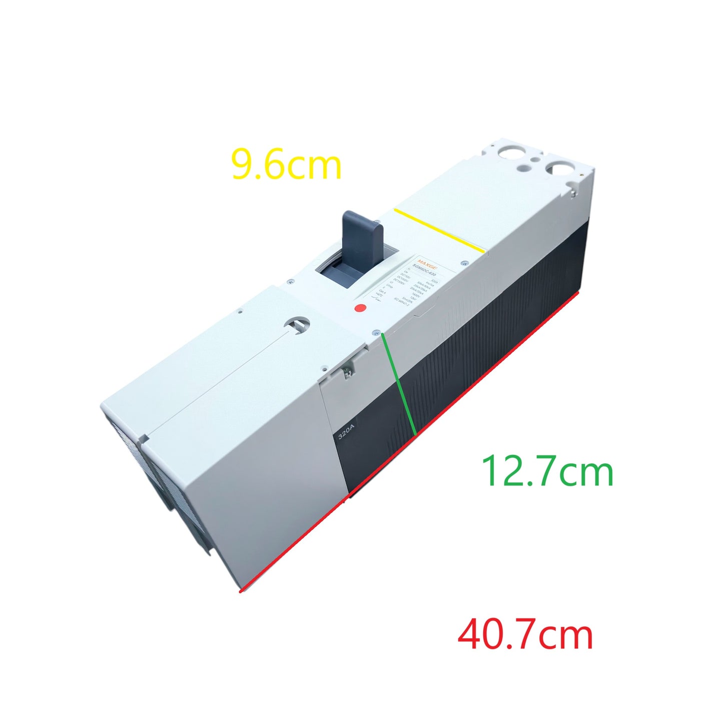Maxge 250A 2Pole Industrial Circuit Breaker with dimensions 40.7cm by 12.7cm by 9.6cm
