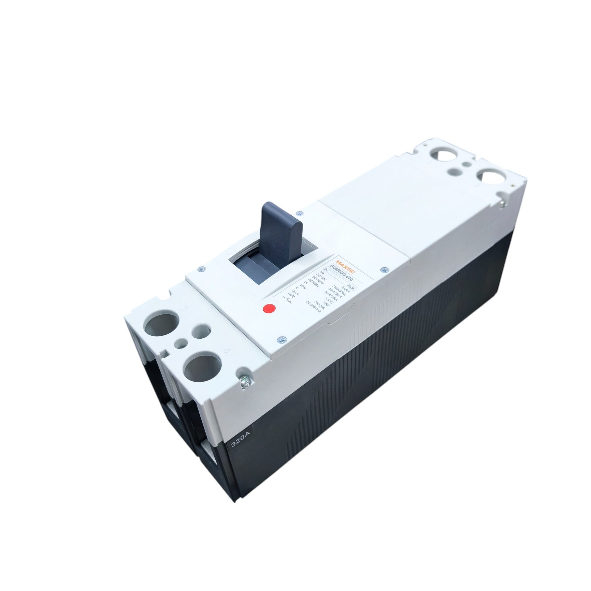 Maxge MCCB 1500V DC 20KAIC DC Breaker with black and white casing and manual switch lever