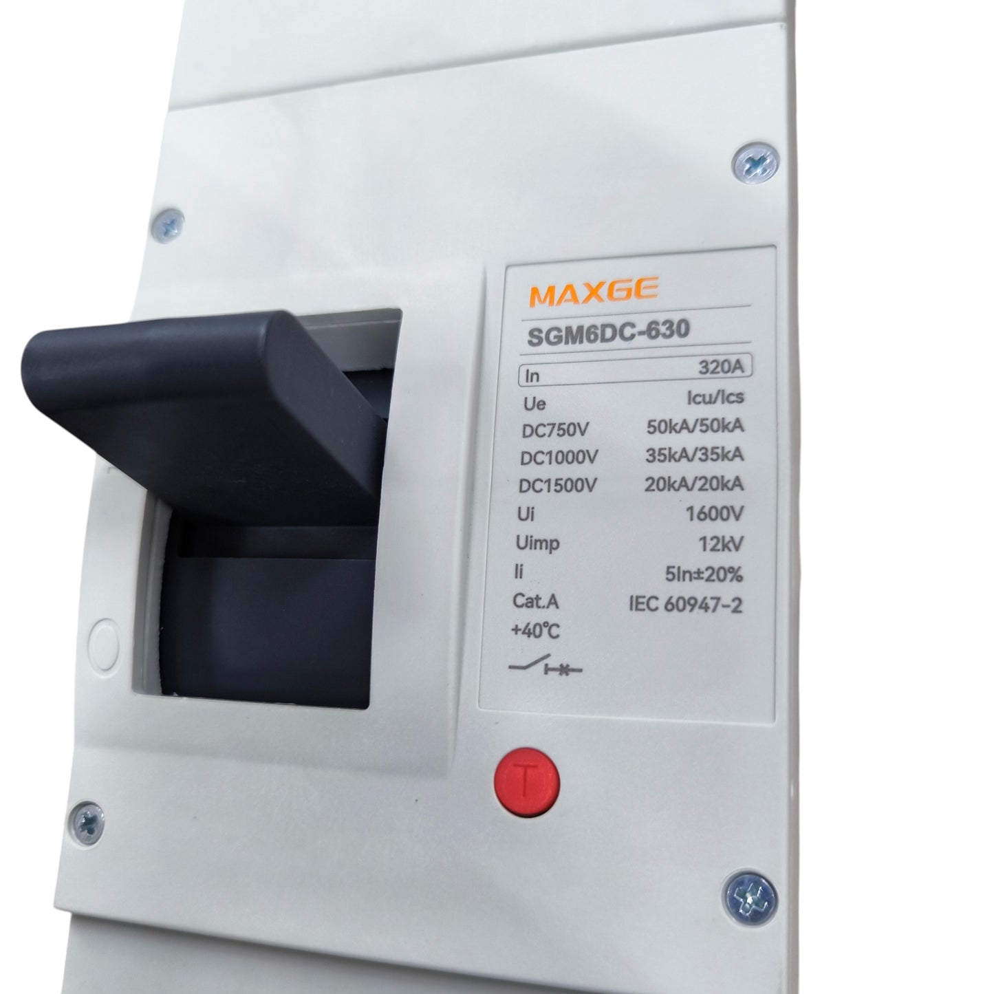 Maxge MCCB 1500V DC 20KAIC DC Breaker with black handle and technical specifications label
