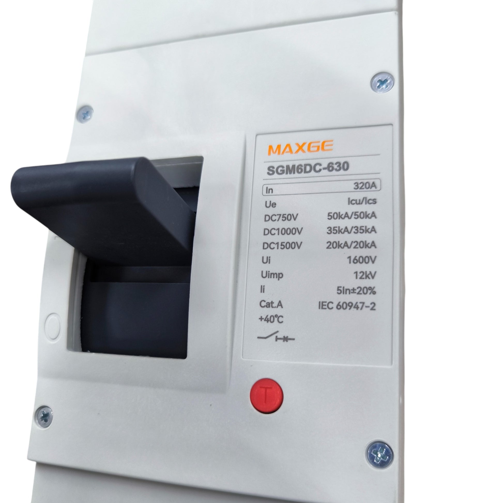 Maxge MCCB 1500V DC 20KAIC DC Breaker with black handle and technical specifications label