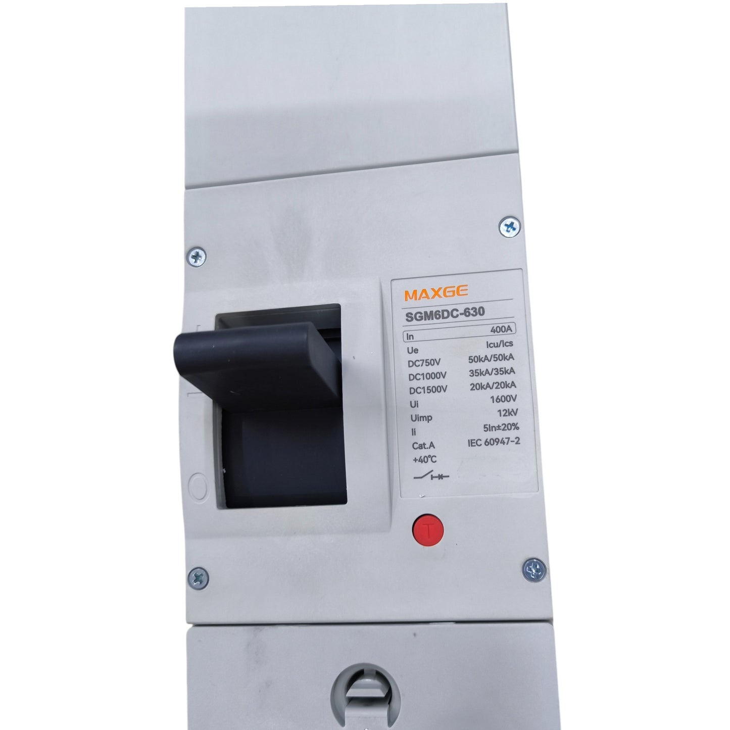 Maxge MCCB 1500V DC 20KAIC DC Breaker circuit breaker with black handle and specification label