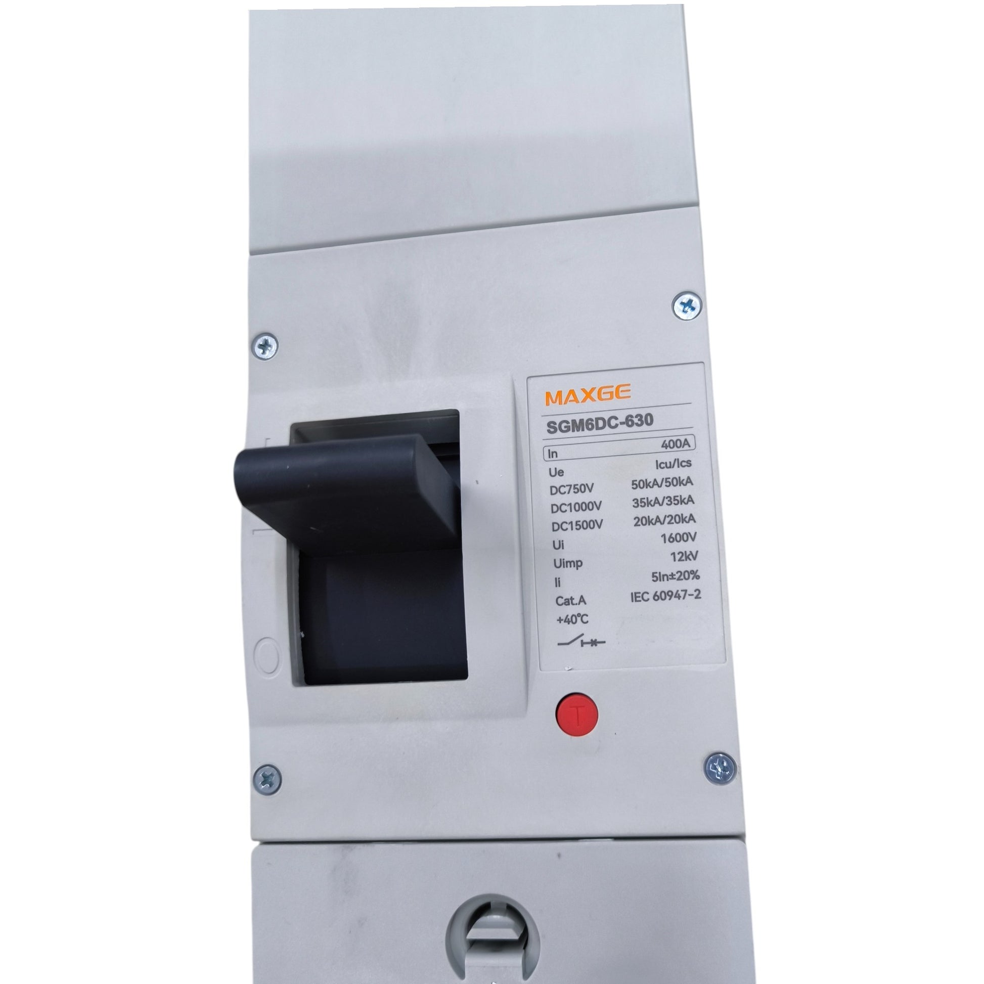 Maxge MCCB 1500V DC 20KAIC DC Breaker circuit breaker with black handle and specification label