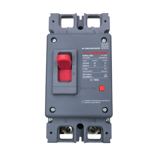 Himel 160A 2 Pole 220V 36KAIC 400V AC MCCB circuit breaker with red switch and gray casing
