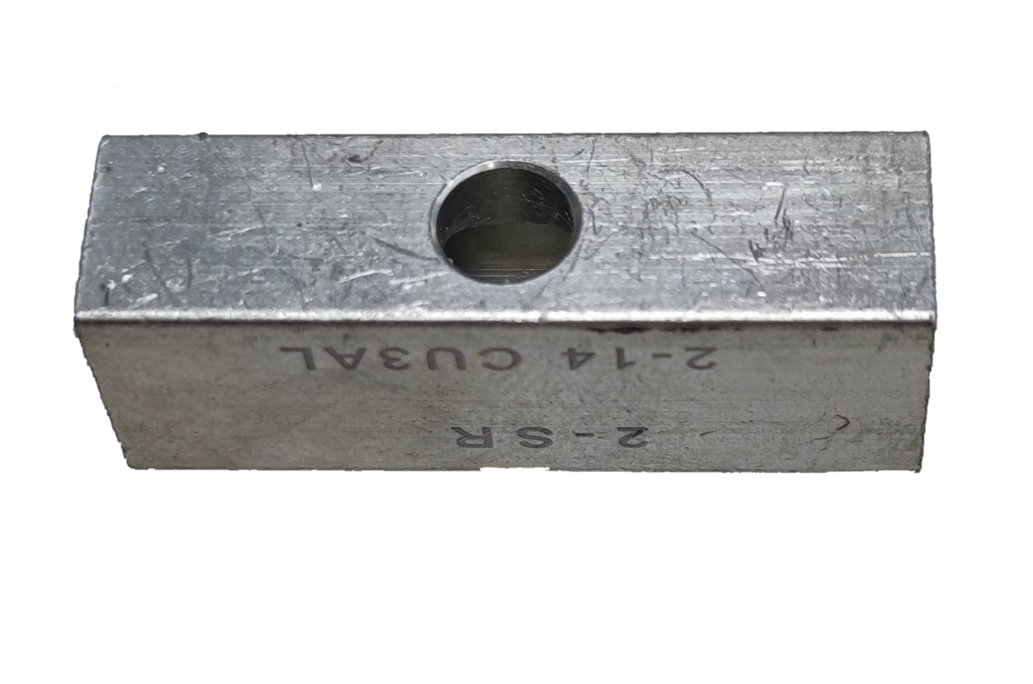 Mechanical lug straight connector metal electrical part with a central hole for wiring connections