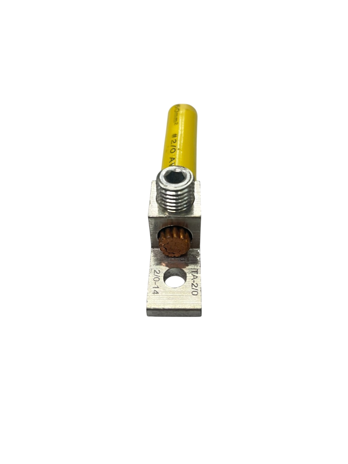 Grippes Mechanical Lugs 60mm 1 Hole electrical connector with yellow insulated wire attached