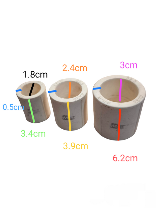 Meco PPR coupling S2.5 set of three white pipe fittings with size measurements for pipes and hoses