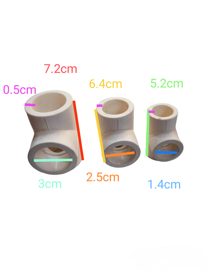 Meco PPR tee coupling 25mm in white plastic showing three sizes with measurements for pipe connections