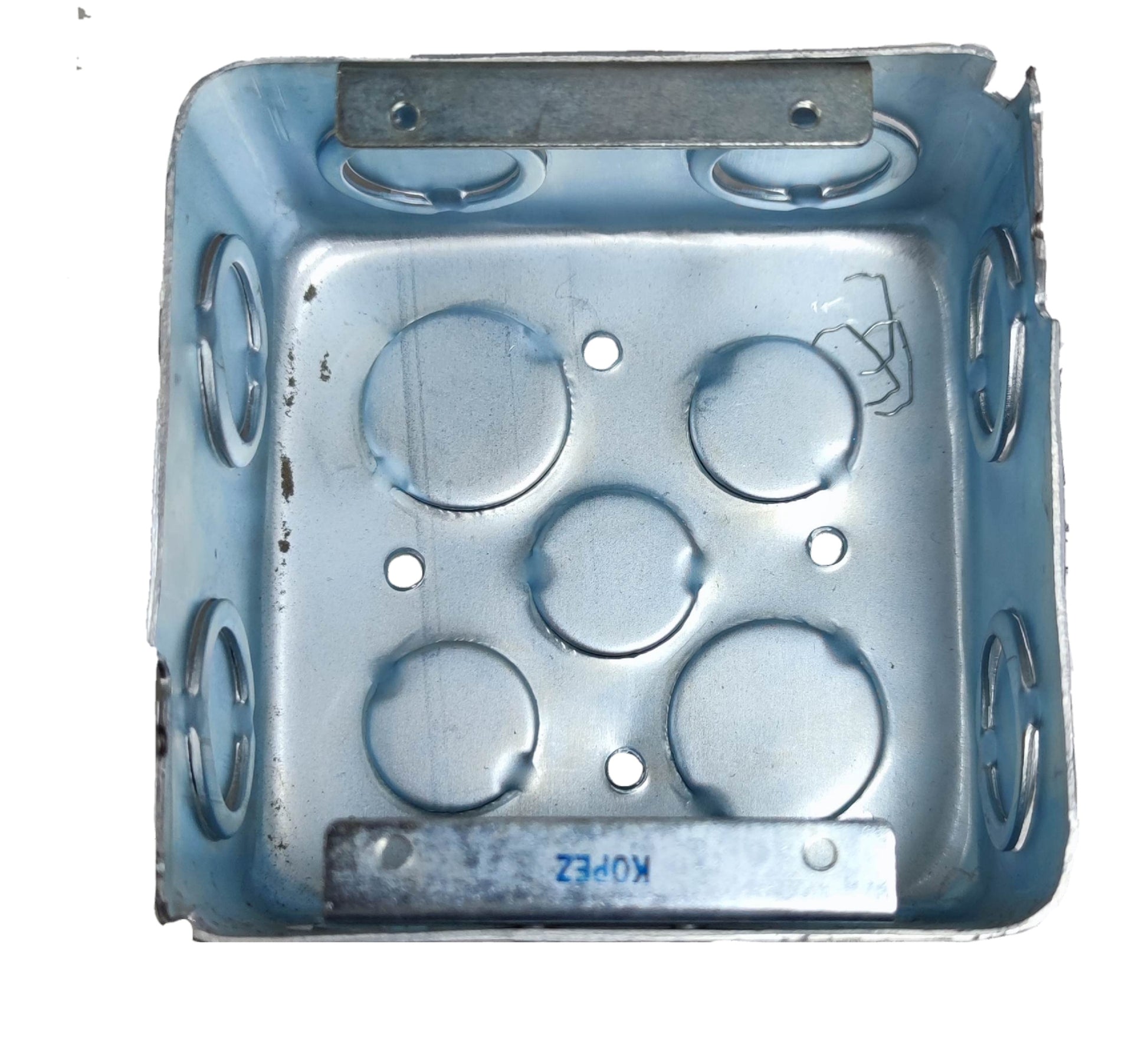 Kopez 4x4 metal junction box with multiple knockouts for electrical circuitry installation