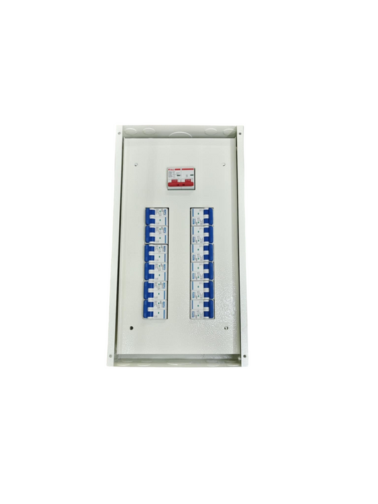 Metal miniature circuit breaker 2 pole panel with blue switches mounted on white electrical board